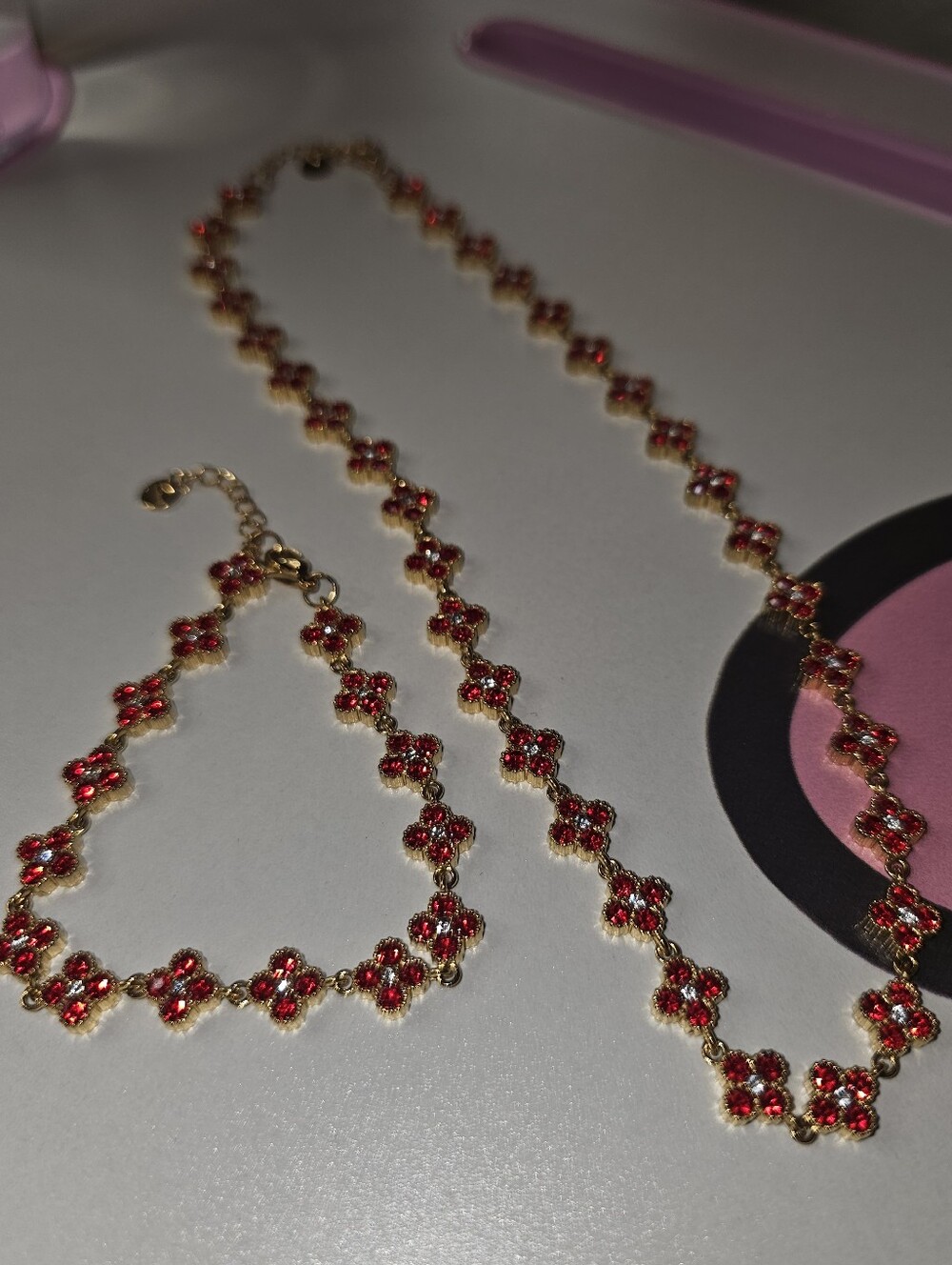 Four Leaf Clover Necklace & Bracelet Matching Set Red Crystals New Gold Covered